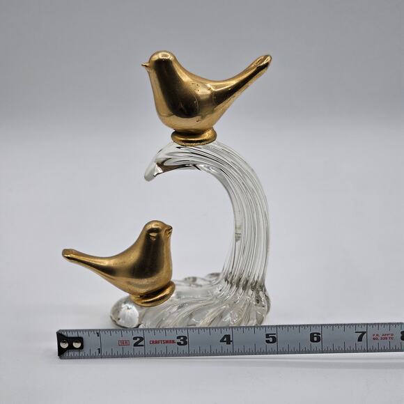 MCM Home Decor Accent - Vintage Brass Birds on Clear Art Glass Wave - Picture 6 of 7
